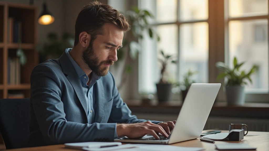 Fokuserad person som arbetar intensivt vid skrivbord under djup arbetspass