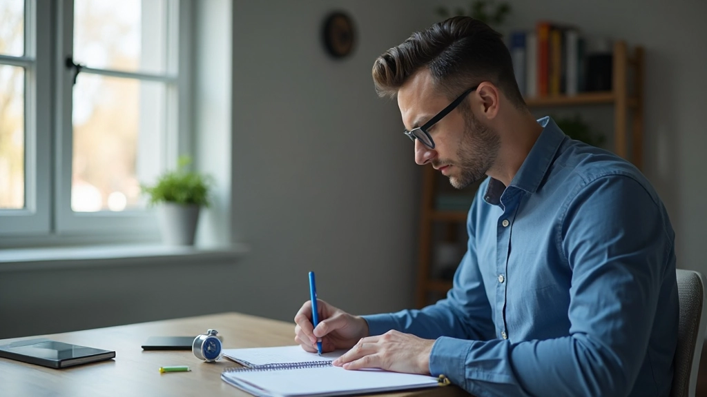 Professionell arbetsyta optimerad för djupt fokuserat arbete med planeringsmaterial och timer