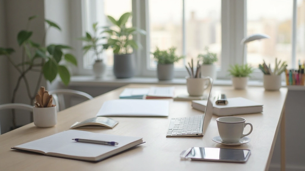 Organiserad arbetsplats med minimal visuell röra, endast väsentliga föremål på skrivbordet, neutral färgpalett