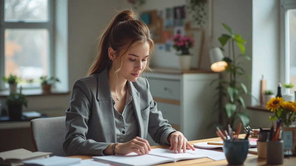 Professionell arbetsmiljö med organiserad skrivbord och fokuserad person vid arbete