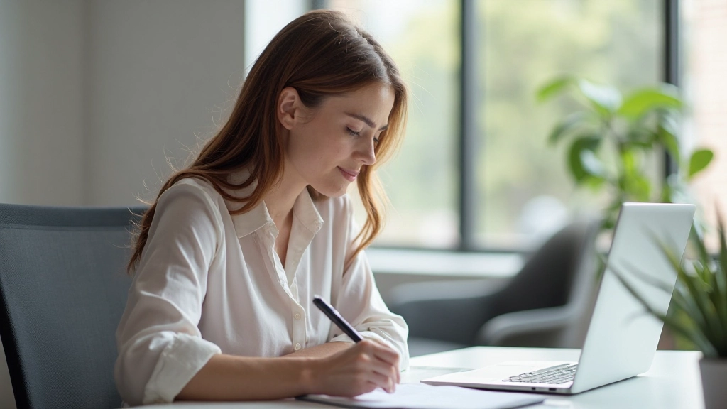 Professionell bild av fokuserad person som arbetar vid skrivbord med anteckningsbok och dator