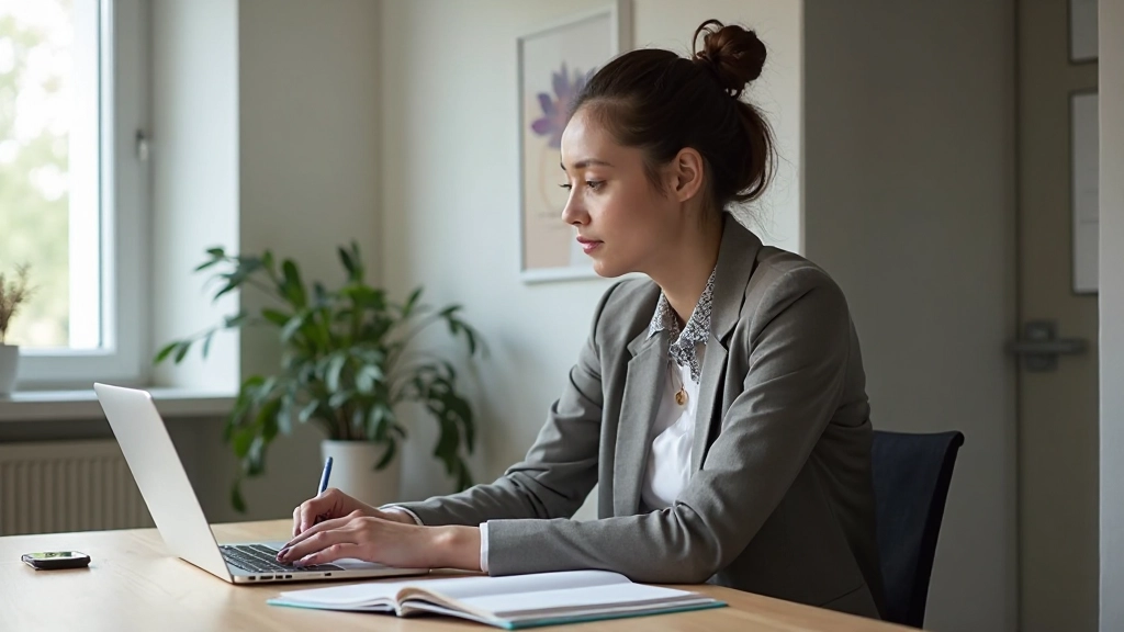 Professionell arbetsplats med naturligt ljus från fönster, minimalistisk skrivbord med dator och anteckningsblock