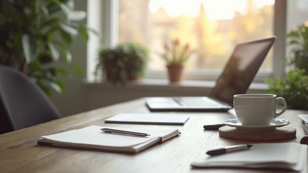 Strukturerad arbetsplats med planering material och fokusverktyg